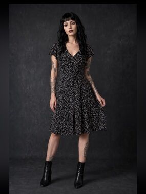 Disturbia Black Pink Ditsy Floral Gothic Midi Dress US 12